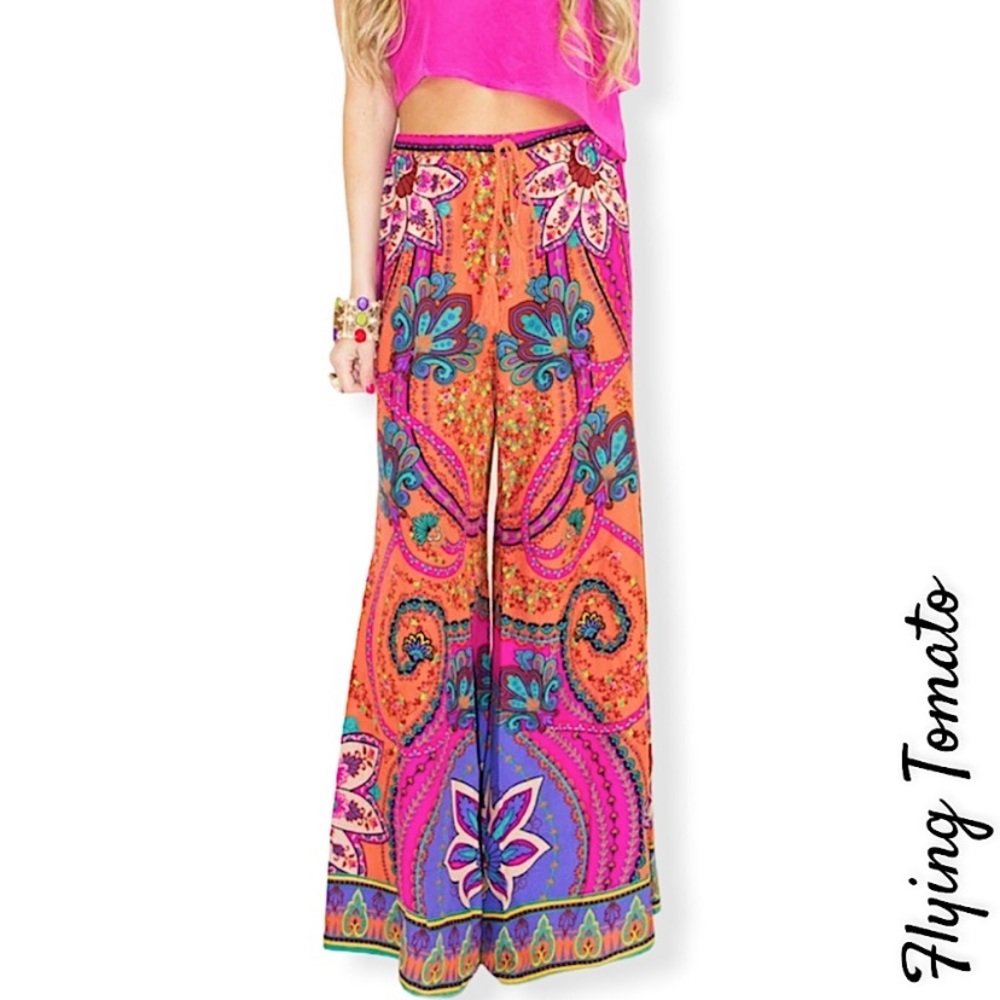 Flying Tomato Boho Wide Leg Palazzo Pants Pink Orange Blue